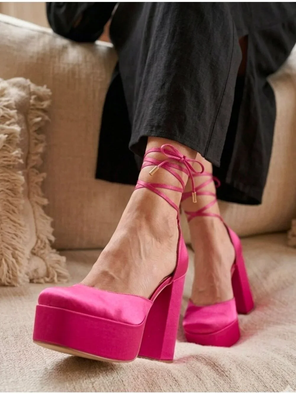 Hot Pink Block Heel Satin Platform Pumps With Ankle Straps - Womens Shoes